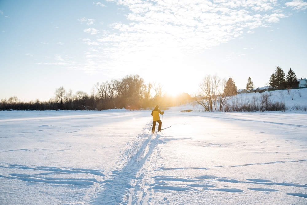 A view of a person skiing in snow