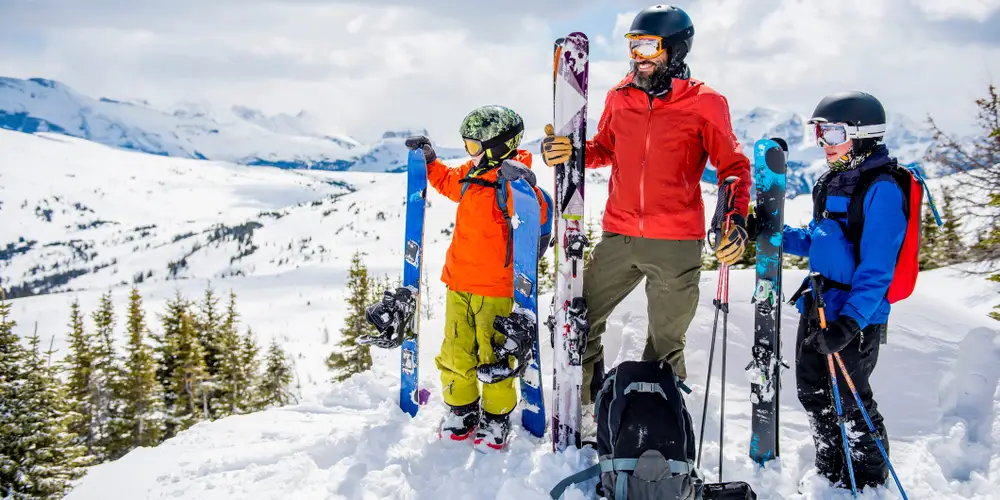 a family wearing proper skiing gear