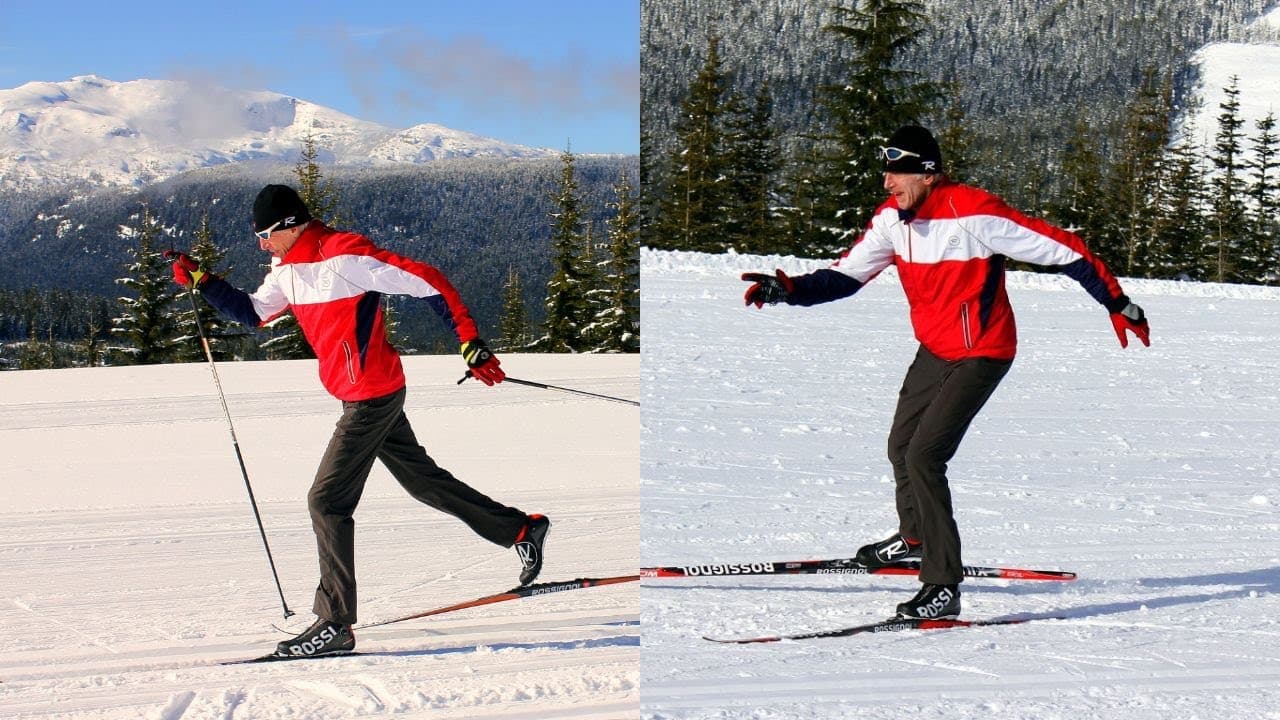 a man showing classic vs skate skiing