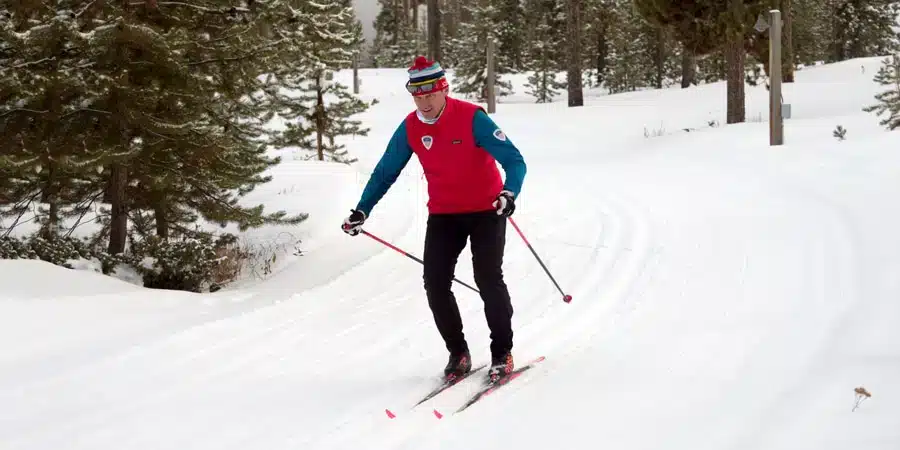 a man skating on ice with poles in hand