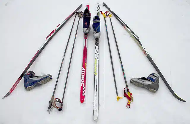 ski skating equipments lying on the snow