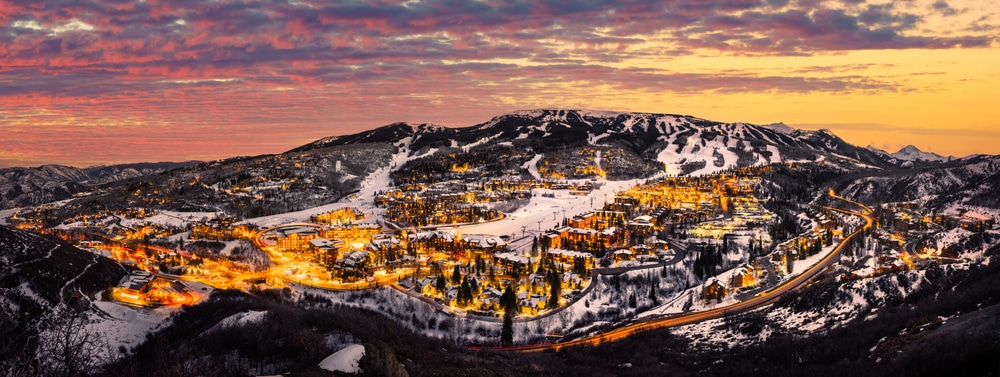 Snowmass Village Skyline With Sunset And Ski Slopes