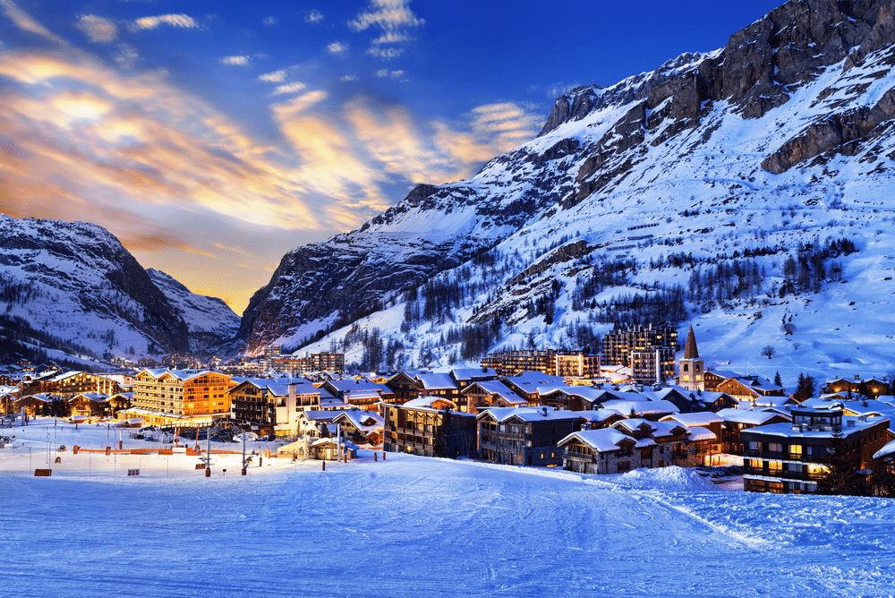 Famous and luxury place of Val d'Isere at sunset Tarentaise Alps France