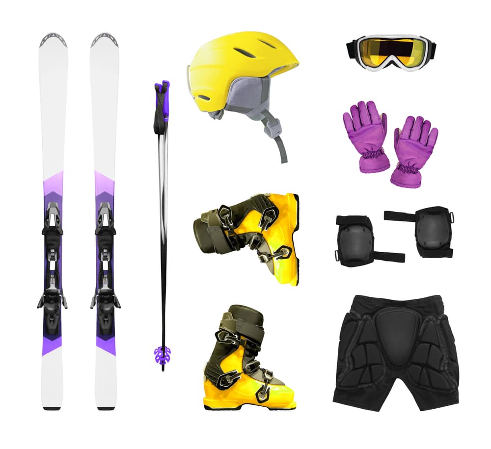 Ski equipment and accessories isolated on white background