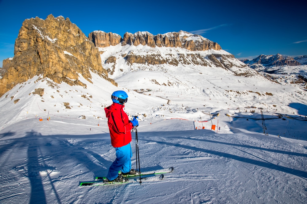 Young Man Ready For Skiing In Dolomity Super Ski Resort