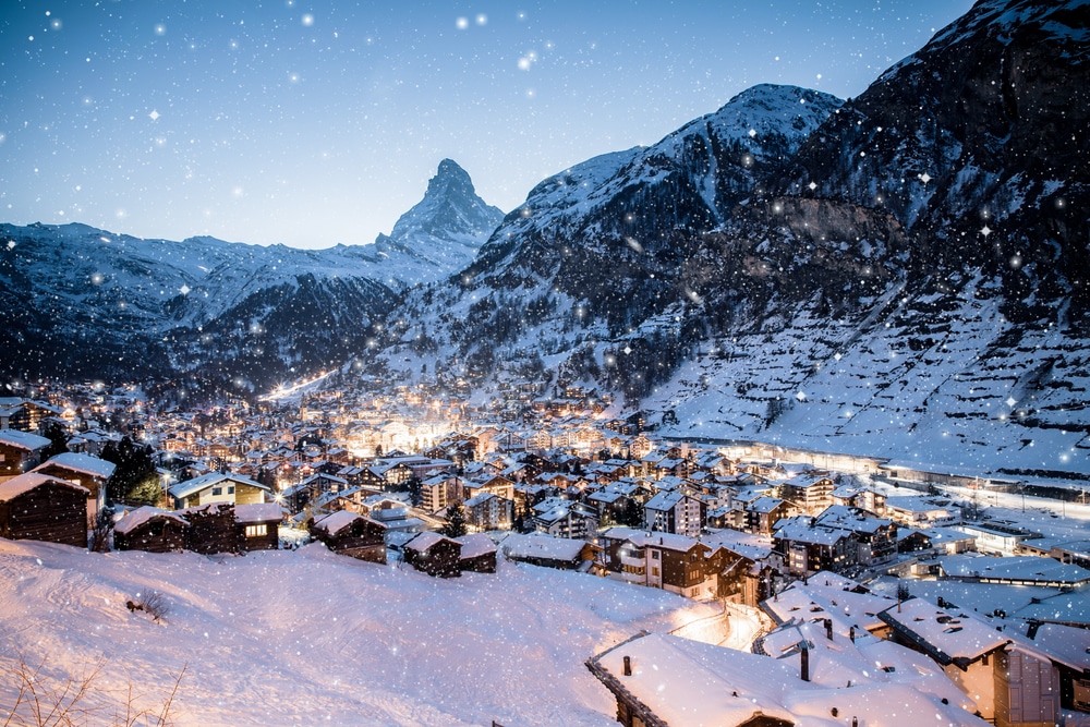 Snowing In Zermatt Traditional Swiss Ski Resort Under The Matterhorn