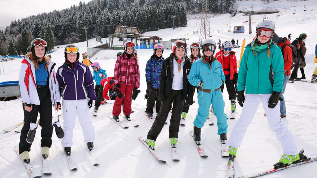 A view of women skiiers standing A view of women skiiers standing