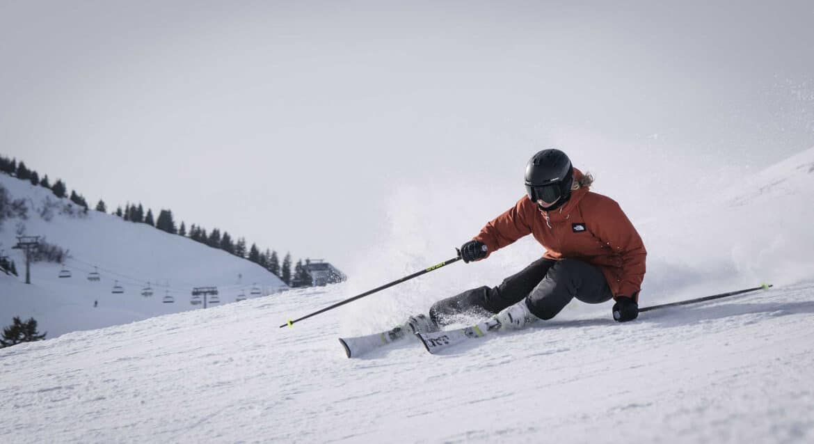A view of a person skiing in snow