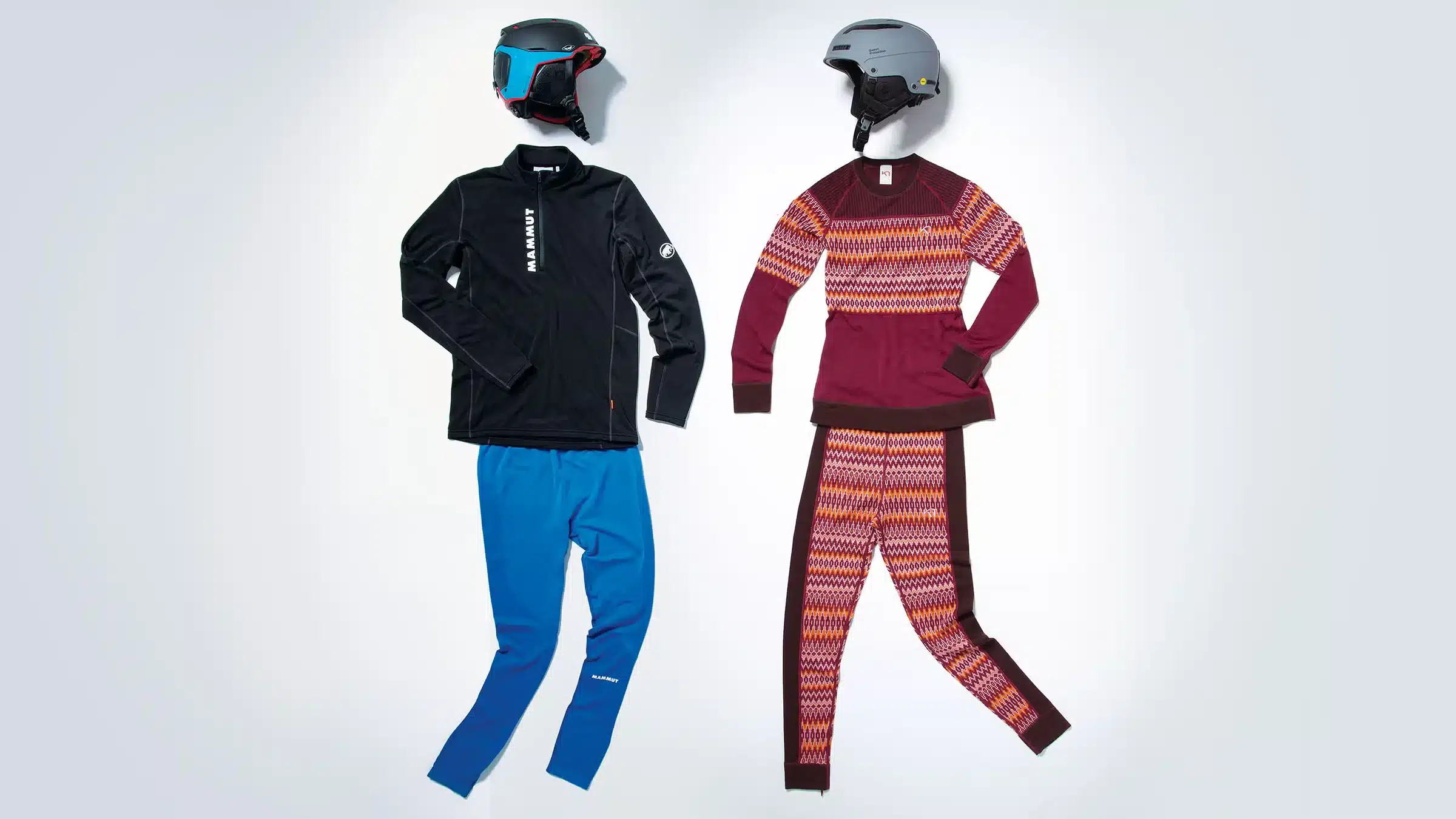 Skiing gear with helmets featuring a black Mammut top and blue pants on the left and a patterned maroon top and pants on the right Skiing gear with helmets featuring a black Mammut top and blue pants on the left and a patterned maroon top and pants on the right